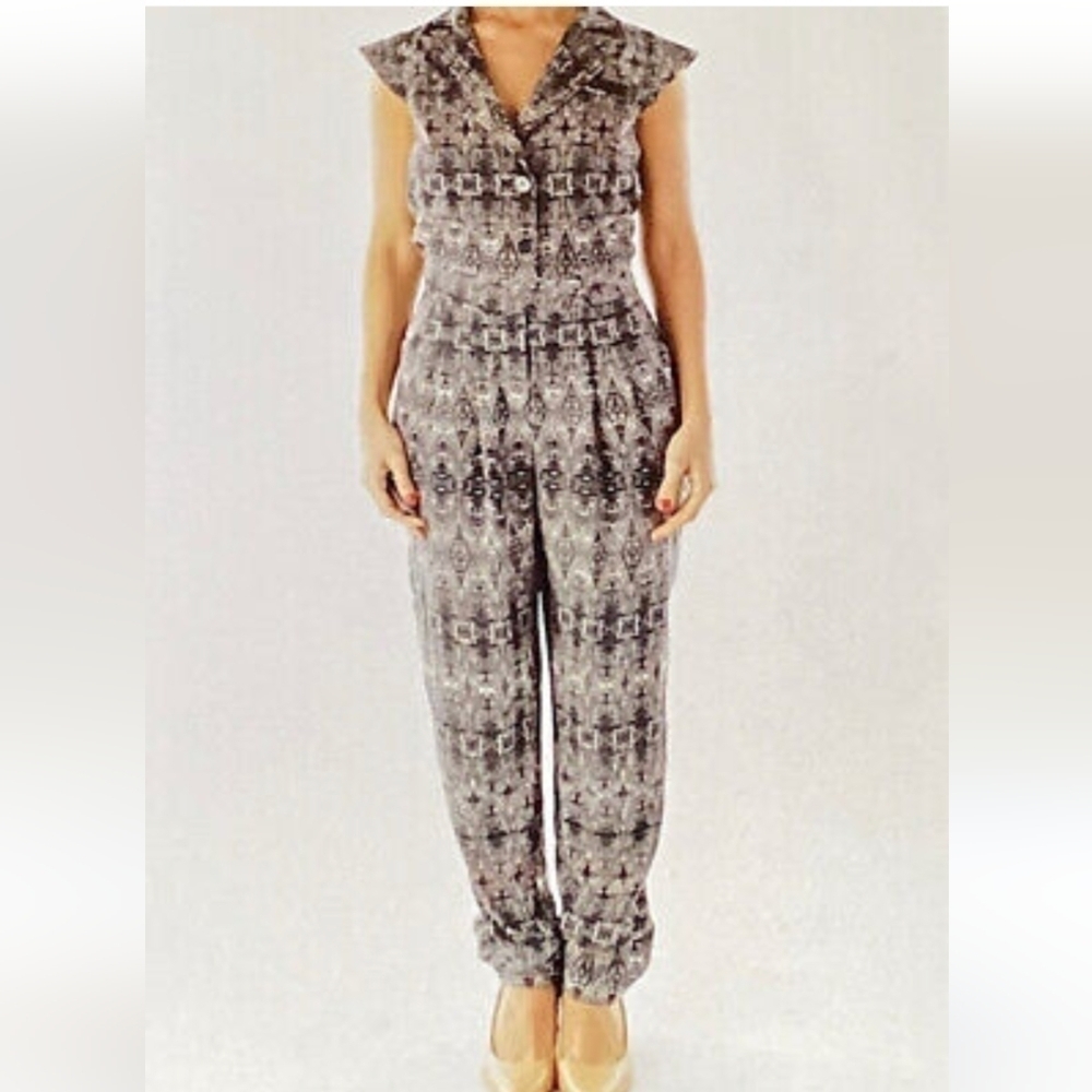 Charlie Jade Womens Snake Print Jumpsuit Small Utility Cap Sleeve Black Gray NWT